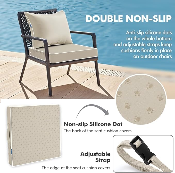 MIULEE Beige Outdoor Seat Cushion 22x22 Inch Waterproof & 3 Year Fade Resistant Deep Seat and Back Cushion for Patio Furniture Chair Sofa Couch with Handle and Adjustable Straps