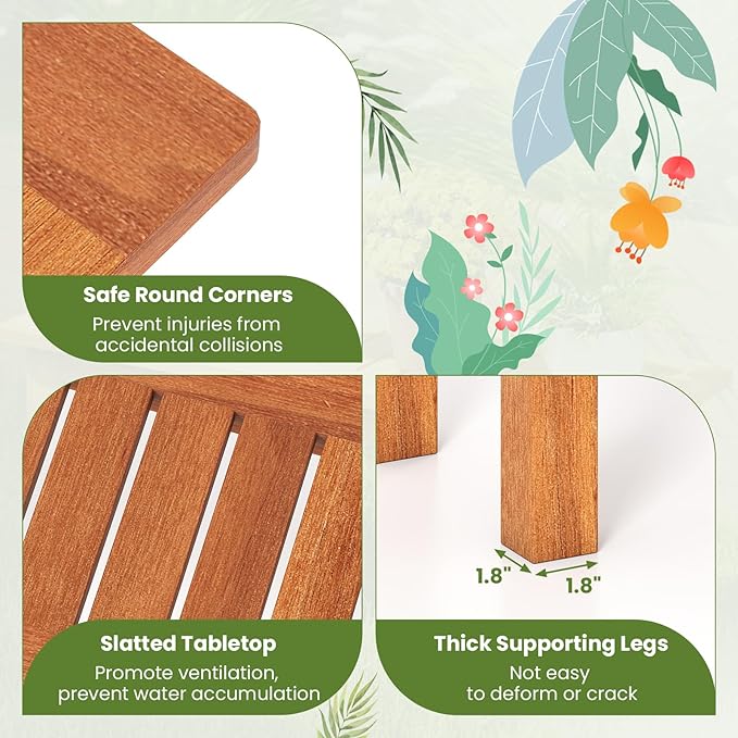 Plant Stand, Outdoor Wooden Planter Pot Holder with Teak Oil Finish & Slatted Top, Garden Planter Bench, Plant Display Rack for Porch, Backyard, Entryway