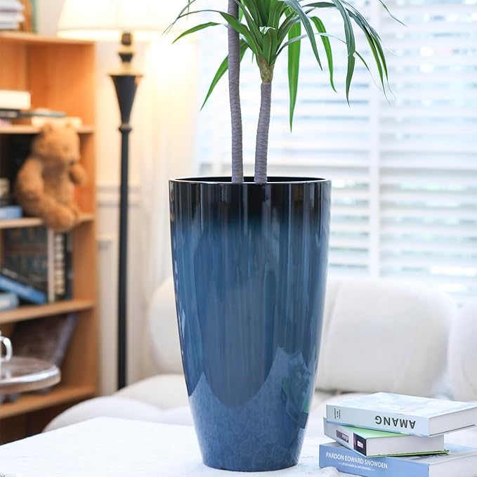 Plant Pots Large Plastic Planters 2Pack Glossy Blue Outdoor Tall Planter Plant Containers for Garden,Patio,Porch,Front Door,Backyard,Corner Decor Planters For Plants With Drainage Hole & Insert Shelf