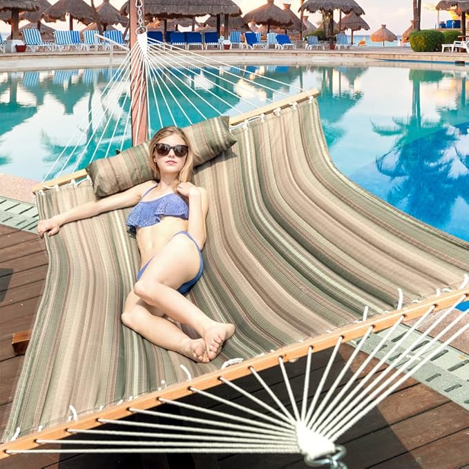 Lazy Daze 12 FT Quilted Fabric Double Hammock with Spreader Bars and Detachable Pillow, 2 Person Hammock for Outdoor Patio Backyard Poolside, 450 LBS Weight Capacity, Mixed Green & Brown Stripe