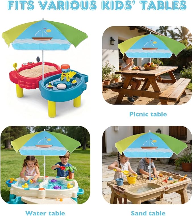 AMMSUN 5ft Seaside Umbrella for Sand Box Water Table - Kids Durable Umbrellas for children Picnic Beach Camping Garden Outdoor Play Shade (5ft Green Yellow Boat)