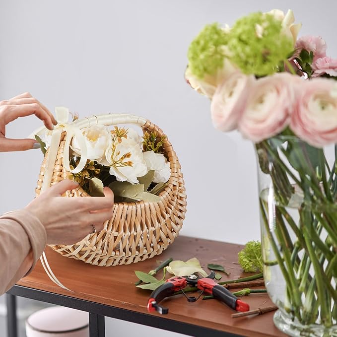 Taiyin Rattan Flower Girl Basket Small Half Moon Straw Wicker Basket with Handle Ideal for Wedding Flower Girl,Picnic,Garden Storage and Home Decor(White Ribbon)