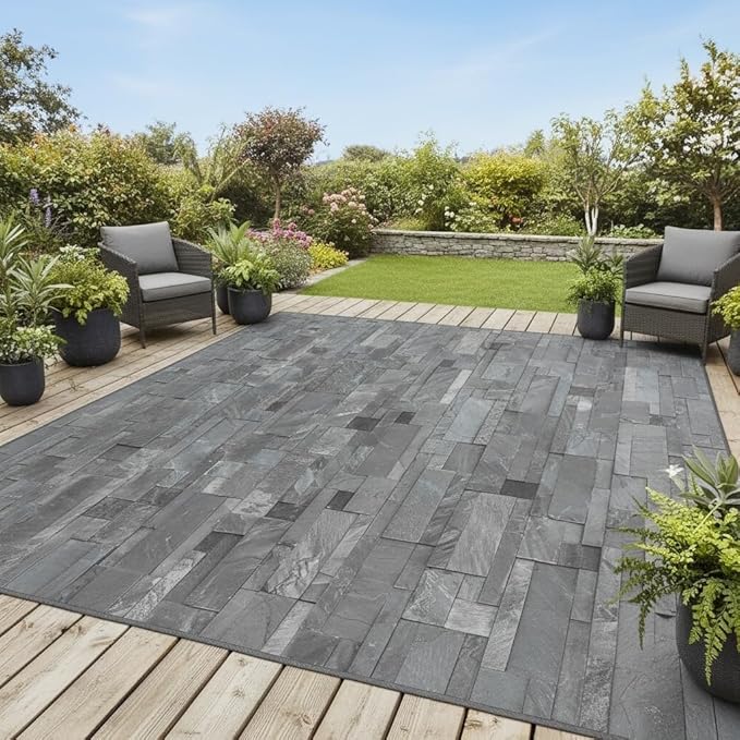3D Print Dark Grey Stone Wall Pattern Washable Outdoor Rug for Patios Balcony Deck Porch Backyard Garden Retro Stone Brick Texture Carpet Waterproof Non Slip Camping Rv Picnic Yard Outside Mat 7x9
