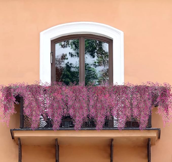 RECUTMS Hanging Fake Vines Artificial Hanging Plants Greenery 4Pcs Faux Wall Vines Ferns with Plastic Flowers for Valentines Day Bedroom Indoor Outdoor Living Room Spring Decoration(Fuchsia)