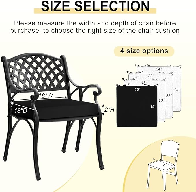 downluxe Waterproof Outdoor Chair Cushions for Patio Furniture, 18" x 18" x 2" Patio Chair Cushion with Adjustable Ties & Portable Handle, Square Outdoor Cushion with Removable Cover, Black, 2 Pack