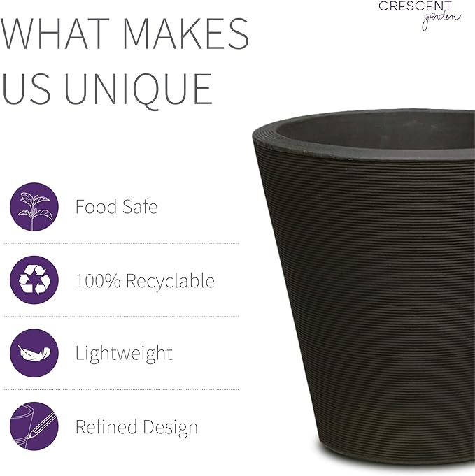 Crescent Garden Madison Planter– Weather-Resistant, Double Walled Indoor/Outdoor Plant Pot with Drain Hole – Durable All-Season Flower Container, 16" W (Caviar Black)