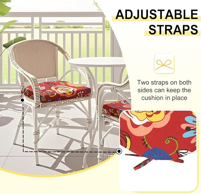 downluxe Outdoor Chair Cushions Set of 4 for Patio Furniture, Water-Resistant Patio Chair Cushions with Ties, High Density Foam Outdoor Seat Cushion, 17" X 16" X 2", Sonia Scarlet