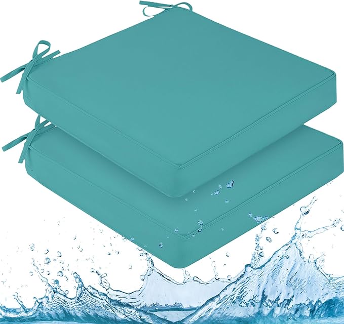 downluxe Waterproof Outdoor Chair Cushions for Patio Furniture, 24" x 24" x 4" Patio Chair Cushion with Adjustable Ties & Portable Handle, Square Outdoor Cushion with Removable Cover, Teal, 2 Pack