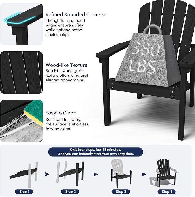 nevilywood Compact Stackable Adirondack Chairs, 26.3" Wide HDPE Outdoor Patio Chairs - Durable, Space-Saving Design for Porch, Lawn or Garden, Black