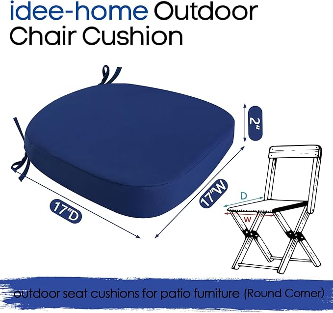 idee-home Outdoor Chair Cushions Set of 4, 17" x 17" x 2" Thick D-Shaped Patio Furniture Outdoor Seat Cushions Waterproof with Ties, Dining Pads