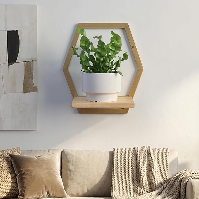 Modern Golden Hexagon Wall Planters with Solid Wood Shelves Set of 3 Geometric Floating Wall Decor for Indoor Plants, Stylish Wall Mounted Display for Succulents & Small Plants