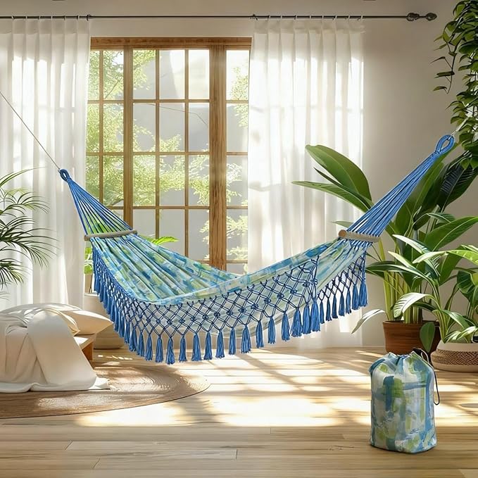 Boho Classic Hammock with Tassel,Max 500lbs Handmade,2 Person Hammock Hammock for Indoor & Outdoor, Lightweight Durable - for Patio, Porch, Backyard Lounging(Blue)