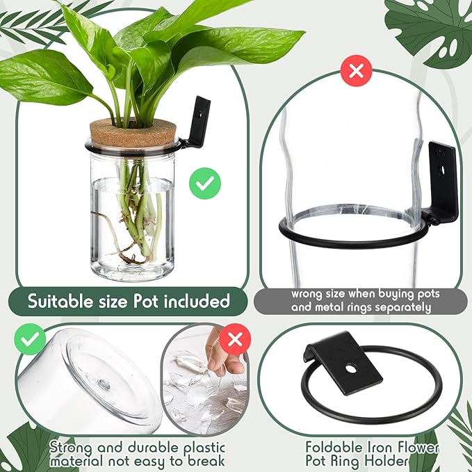 Baderke 12 Set Wall Plant Holder with Plastic Propagation Vases Hanging Planter Wall Mounted Set for Plants Growing in Water Hydroponic Artificial Plants Indoor Decor (2.48" X 3.94",Classic)