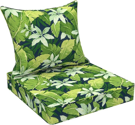 Outdoor Deep Seat Cushion Set, Water Repellent 24"x24" Patio Thick Cushions Replacement with Seat & Back Pillow for Patio Sofa, Wicker Chair, Couch - Jungle Leaves