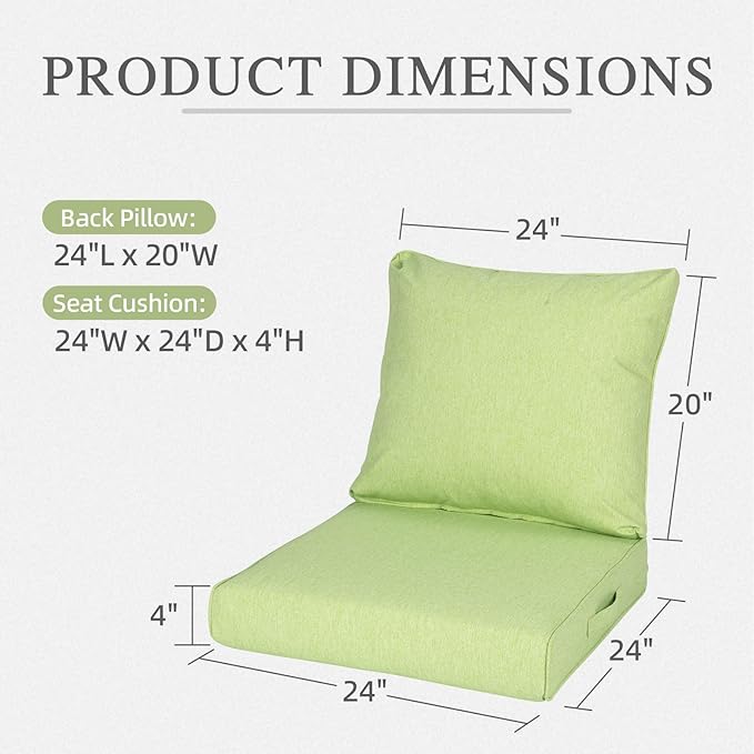 Aoodor 24" x 24" Patio Deep Seat Cushion Set, Water Resistant & Fade Resistant Outdoor Furniture Cushions with Adjustable Straps for Patio, Deck, Garden, Set of 2, Green
