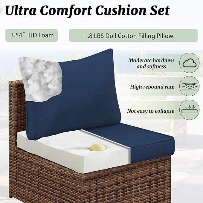 Outdoor Sectional Cushions Replacement Set, 26x26in Patio Furniture Cushions, 14 Pieces Waterproof Outdoor Couch Cushion for 6 Seat Wicker Conversation (Navy 15" Height)