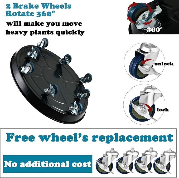 Planterhoma 3 Packs 20" Metal Plant Caddy with Wheels Extra-Large Rolling Plant Stand Heavy-Duty Plant Dolly with Casters Indoor Outdoor Wheeled Flower Pot Mover Rollers Garden Cart Trolley, Black