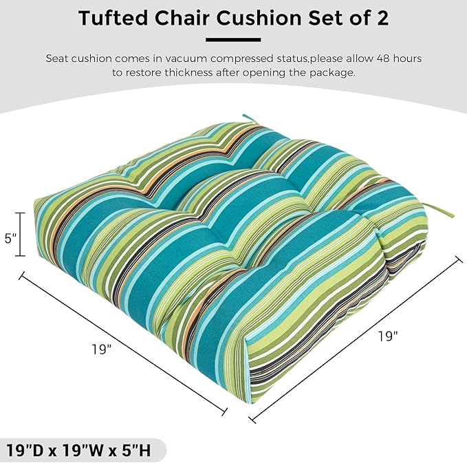 FUNHOME Outdoor Chair Cushions 19 x19 Inch,Water Resistant Tufted Seat Cushions 19",Reversible,Weather Resistant,Rounded Back Wicker Chair Cushion for Patio Garden Furniture(Green Stripe)
