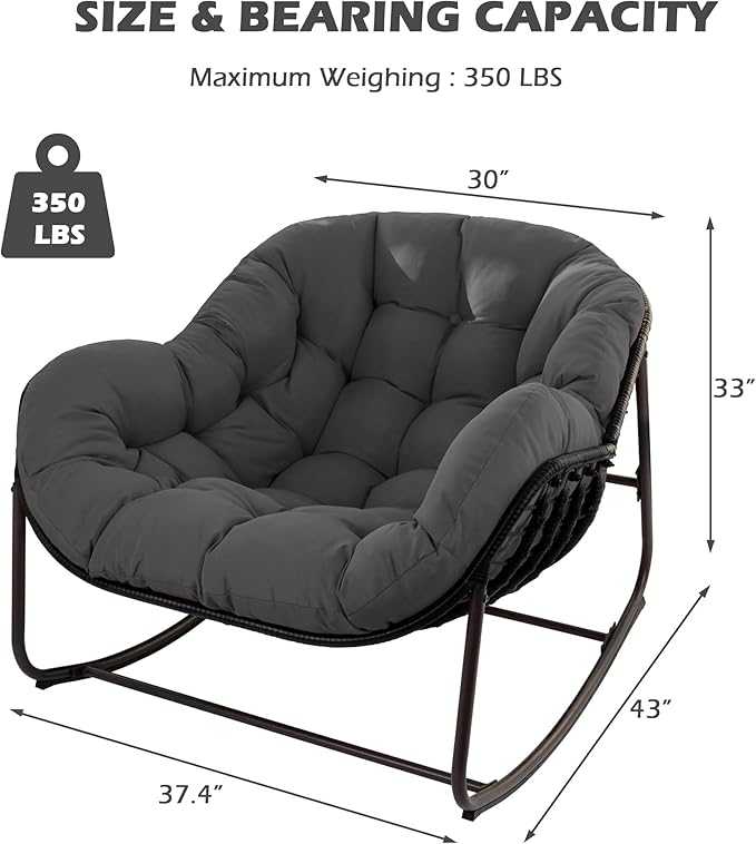 Papasan Rocking Chair, Oversized Papasan Chair with Cushion and Frame for Indoor& Outdoor,Egg-Shaped Patio Rocking Chair for Garden, Deck, Living Room, Light Grey