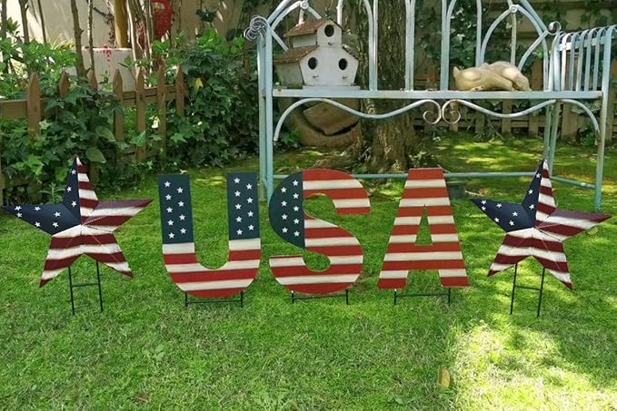 4th of July Metal Yard Sign set of 5, Patriotic Barn Star Hanging Ornament with Stake American Flag USA Letter Garden Lawn Sign Independence Day Memorial Day Outdoor Decorations