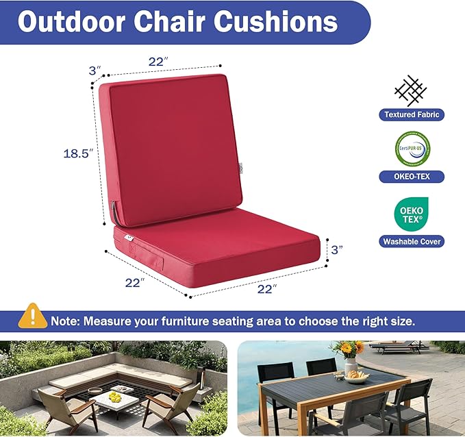 Outdoor Cushions, Outdoor Chair Cushions 22x22x3 Inch, Cushions for Outdoor Furniture with Removable Cover, Waterproof & Fade Resistant Outdoor Seat Cushions for Patio, Lawn, Burgundy