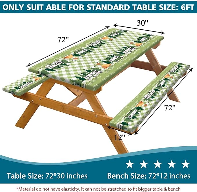 Picnic Table Cover with Bench Covers, Buffalo Plaid Camping Waterproof Windproof Fitted Tablecloth Cover with Elastic Edge, Camping Fitted Tablecloth with Drawstring Bag, 72in, Sage Green