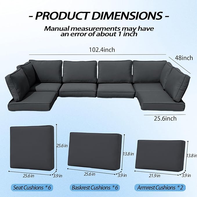 Outdoor Cushions for Patio Furniture,14Pieces Water-Resistant Replacement Cushions Fits 6-seat Sectional Rattan Conversation Set Sofa Cushion for Patio,Liner&Cover(Dark Grey)