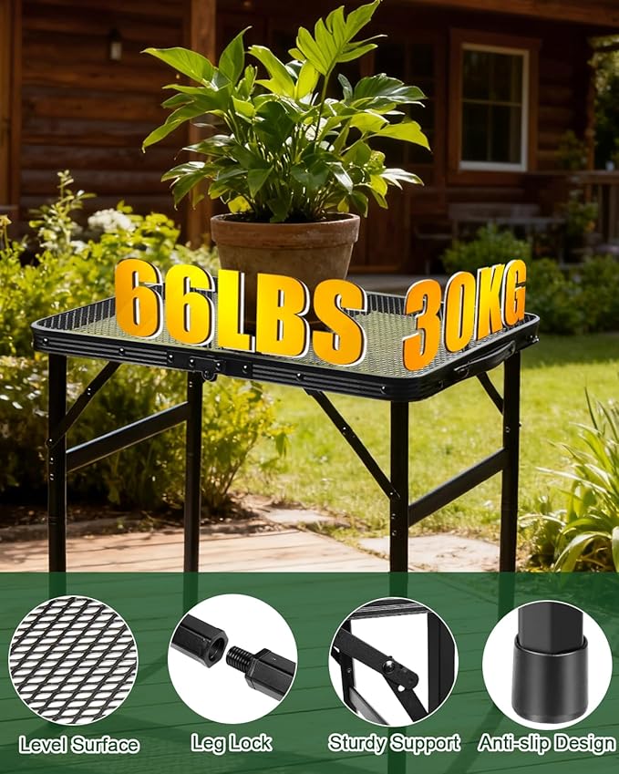 2Ft Small Folding Table with Carry Handle, Adjustable Height 10.6–22 in, Black Metal Mesh, Portable & Compact Indoor/Apartment/Card/Side/Grill Table, 23.6×15.8 in, 4 lb, 66 lb Capacity