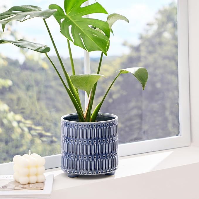 5 Inch Ceramic Planters for Indoor Plants, Blue Cactus Snake Plant Pots with Drainage, Unique Design Round Flower Pot for Home Decoration