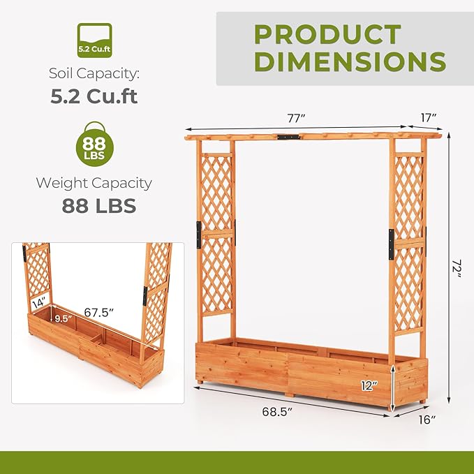 HAPPYGRILL Raised Garden Bed with Trellis, Freestanding Wood Planter Box w/Hanging Roof & Drainage Holes for Vine, Climbing Plants, Flowers, Outdoor Planter with Trellis for Garden, Patio, Yard (2)