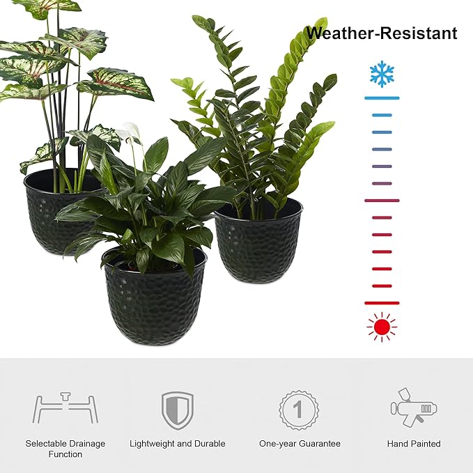 Glitzhome Round Faux Ceramic Planter Pots, 11.75" D Honeycomb Textured Tall Outdoor Planters with Drainage Hole, Gradient Green Outdoor Flower Pots, Plastic Large Planters for Porch, Garden, Set of 3