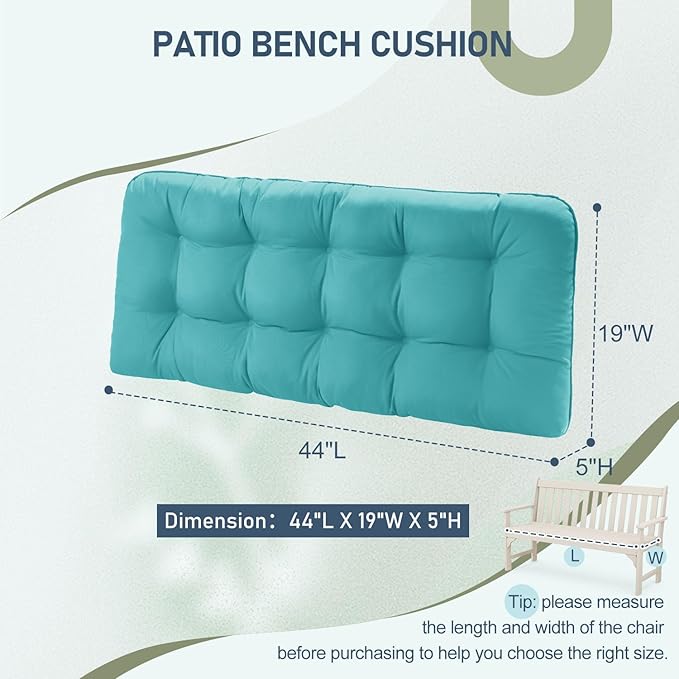 downluxe Outdoor Bench Cushion for Patio Furniture, Waterproof Tufted Overstuffed Porch Swing Cushions, Thick Outdoor Loveseat Cushions, 44" X 19" X 5", Teal, Set of 1