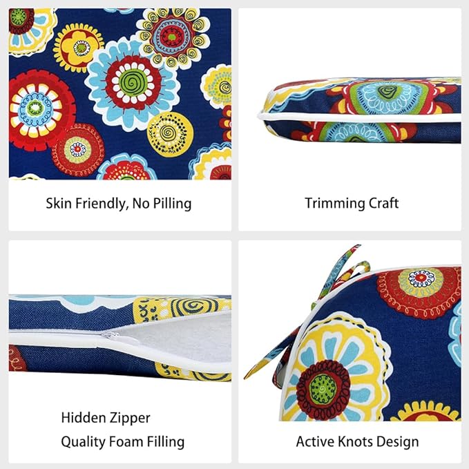 Magpie Fabrics Outdoor/Indoor 17"x16"x2" Chair Cushions with Ties Set of 4, Waterproof All Weather U-Shape Seat Pads Decoration for Patio Garden Furniture Home Office (Floral Navy)