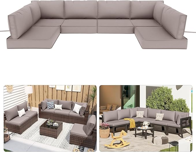 Patio Sectional Cushions, 14-Piece Replacement Cushions for Outdoor Furniture, Water-Resistant Outdoor Sofa Cushion for 6-Seat Rattan Wicker Sectional Conversation Sets (Khaki)
