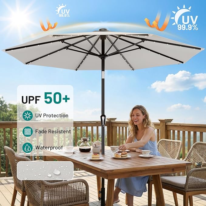 AreShark 9FT Patio Umbrella with Solar Lights, 32 LED Lighted Pool Umbrella w/Tilt and Crank, Outdoor Market Solar Umbrellas for Garden, Deck, Backyard, Pool and Beach, Light Gray