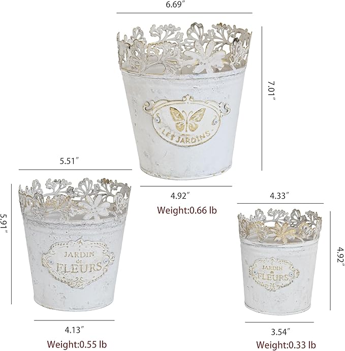 Set of 3 Vintage French Country Planters, Distressed White Metal Flower Pots with Lace Cutout Rim, Le Jardin Embossed Plant Pots for Succulents, Herbs, Indoor Outdoor Home Garden Decor