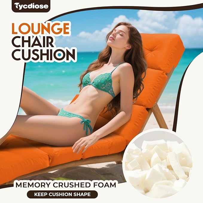 All Weather Chaise Lounge Cushions Outdoor Lounge Chair Cushion, Replacement Chaise Lounger Chair Cushion Waterproof for Outdoor Patio Furniture with Non-Slip Back and Ties, Orange
