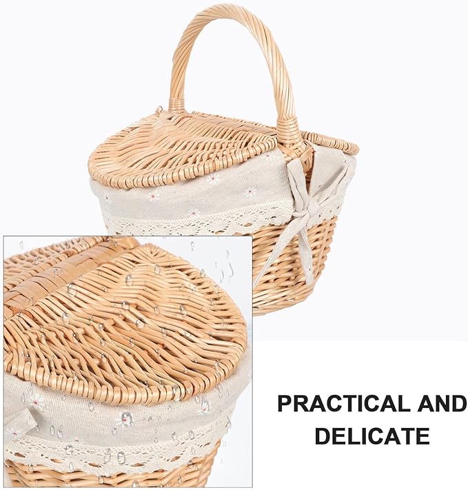 Sosoport Woven Rattan Picnic Basket with Lid and Handle, 1pcs Tote Storage Basket for Fruit and Vegetable Holder, Rustic Outdoor Picnic Accessory for Home and Garden