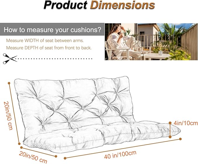 2-3 Seat Swing Replacement Cushion, Outdoor Bench Cushions with Backrest Thicken 4", Patio Furniture Garden Porch Loveseat Glider Pad Anti-Fading Waterproof (French Grey, 40x40in)