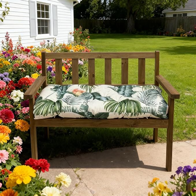 Outdoor Waterproof & Sun-Resistant Bench Cushion, 47.3"x19.7"x3.2" Tufted Patio Seat Pad with Non-Slip Ties,Long Chair Cushion for Garden,Porch,Swing,Indoor Furniture (Flower 2, 47.3×19.7×3.2)