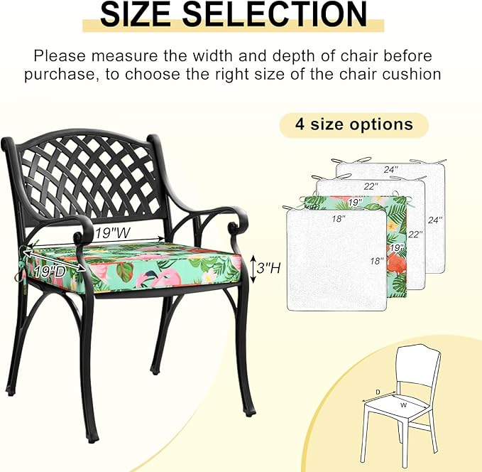 downluxe Outdoor Chair Cushions Set of 4, Waterproof 19" x 19" x 3" Patio Chair Cushion with Non-Slip Ties & Handle, Square Outdoor Cushion for Patio Furniture with Removable Cover, Tropical Flamingo