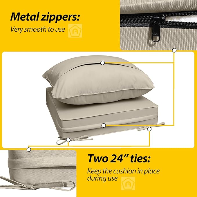 AAAAAcessories Outdoor Seat Cushions for Chairs, Fade-Resistant, Waterproof Patio Furniture Replacement Cushions, 24" x 24" x 5" + 24" x 19", Set of 4, Beige