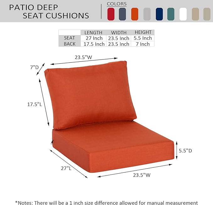 23.5"x27" Outdoor Deep Seat Patio Cushions Set of 2, Deep Seat Bottom Resilient Foam Filling Water-Resistant Stain-Resistant UV Resistant Weather Resistant with YKK Zippers, Quarry Red