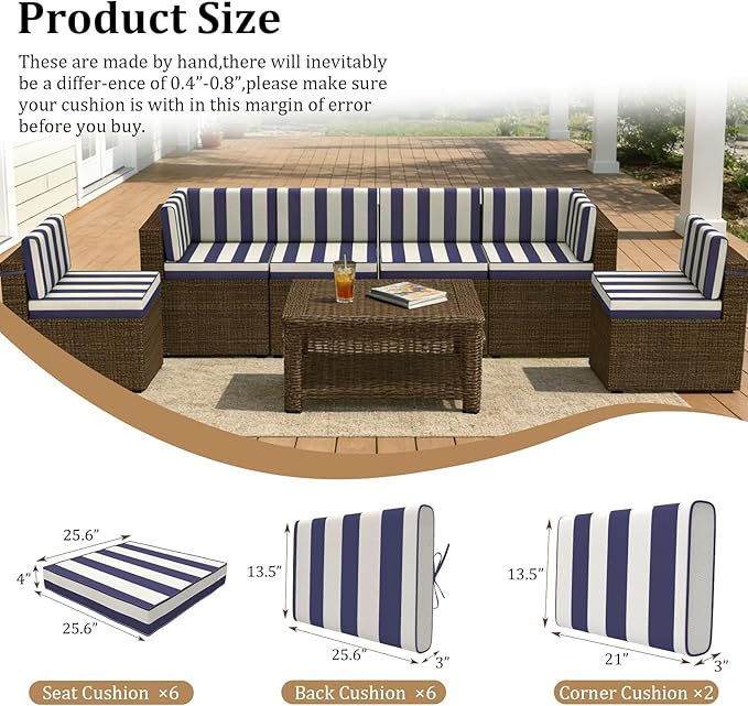 14 Pcs Outdoor Replacement Cushions for Patio Furniture, All Weather Water Resistant Cushion for 6 Seat Rattan Wicker Sectional Patio Conversation Sets and Couch (Blue Stripe)