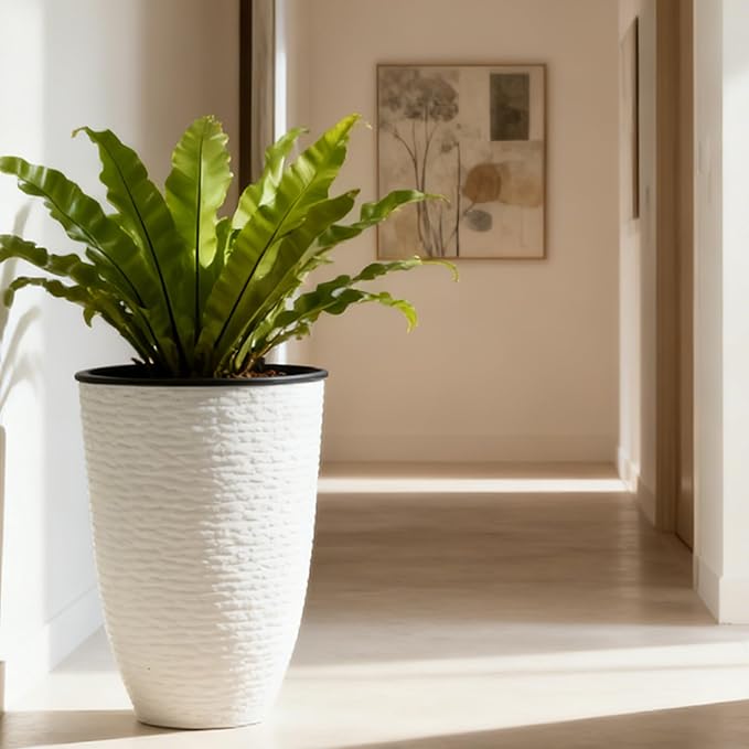 WORTH Garden 2-Pack 21" H. White Tall Planters with Inside Pots - 14'' Dia Plastic Large Round Plant Tree Pots - Decorative Imitation Stone Finish for Indoor Outdoor Front Porch Container Patio
