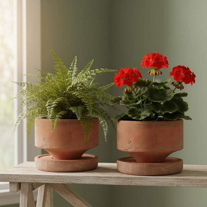 Yungyan 2 Set 6 Inch Rustic Terracotta Plant Pot with Drainage Saucer Vintage Breathable Clay Planter Farmhouse Flower Pot with Distressed Finish for Flowers Succulent Cactus Modern Home Garden Decor