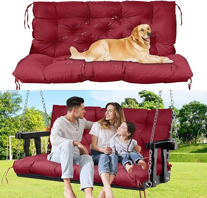 60" Porch Swing Cushion with Backrest, Waterproof Outdoor Bench Swing Cushions 3 Seater Replacement Thickened Swing Cushions with Ties for Patio Garden Backyard,Wine Red,60x40in