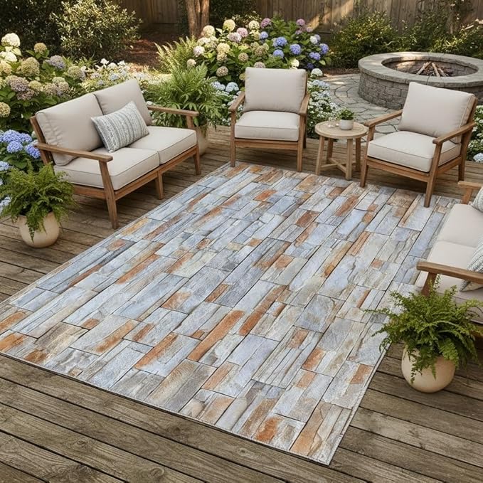 Gray Brown Irregular Sandstone Texture Outdoor Rug 9x12 Waterproof Stone Wall Print Outdoor Rug for Patio Deck Porch Balcony Backyard Camping Natural Rustic Farmhouse Non Slip Outside Carpet Mats