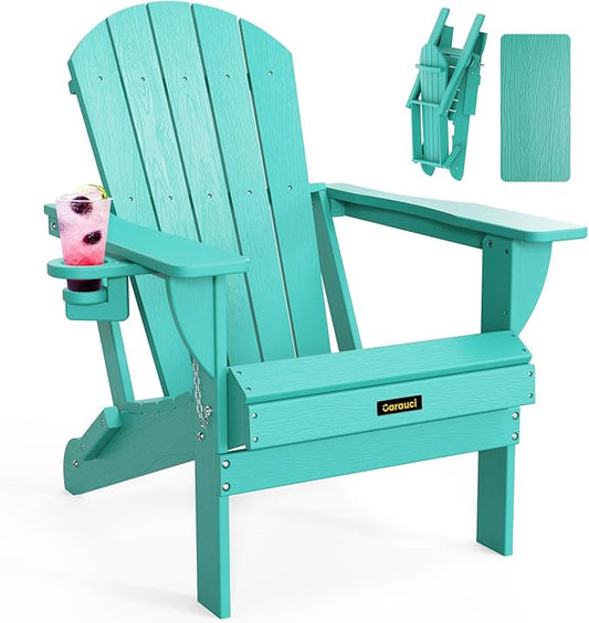 Carauci Plastic HDPE Adirondack Chair, Folding Adirondack Chair Weather Resistant with Cup Holder, Wooden Textured Fire Pit Outdoor Chair for Garden, Porch, Lawn, Backyard, Supports 380LBS, Lake Blue
