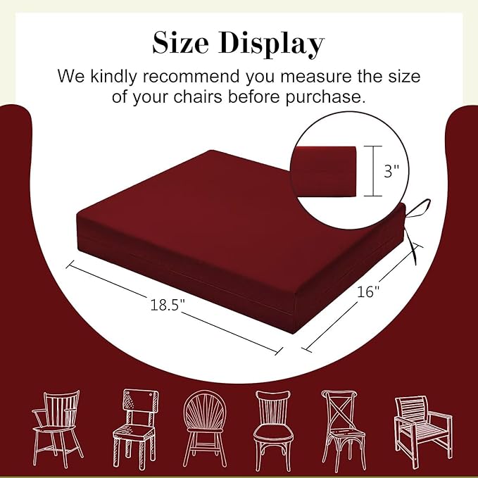 Cozyide Outdoor Chair Cushions, Waterproof Patio Seat Cushions with Adjustable Straps, Square Corner Patio Chair Cushions for Garden, Burgundy, 18.5x16x3 Inch (Pack of 4)